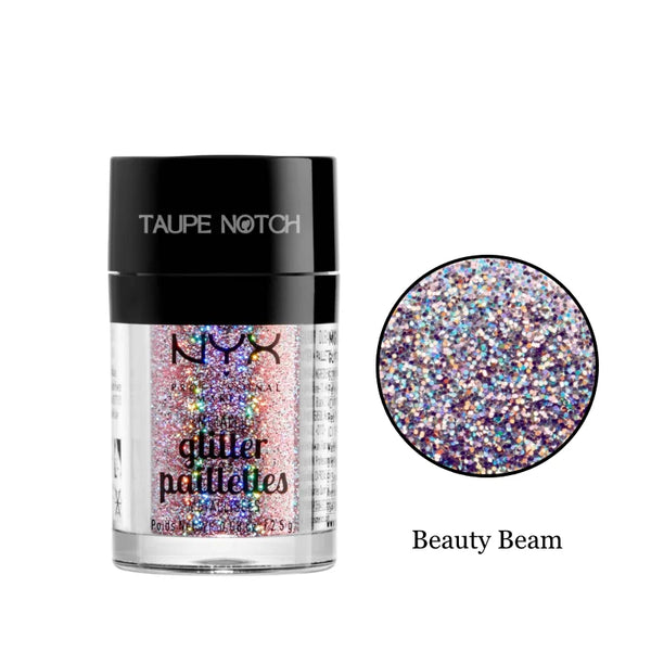 NYX metallic glitter pot, Beauty Beam multicolor sparkly glitter in jar with black lid