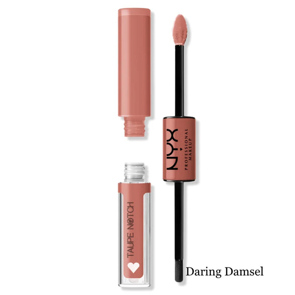 High-shine lip color in Daring Damsel with applicator wand and squeeze tube