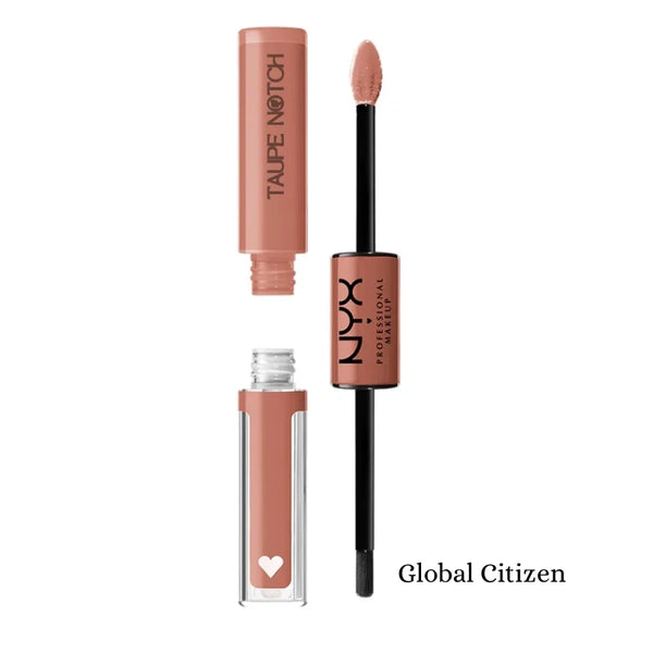 High shine lip color: nude rose shimmer gloss in tube and wand applicator.
