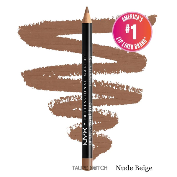 Slim lip pencil (Nude Beige) with pointed tip and lip swatch.