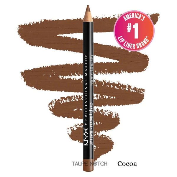 Slim lip pencil (Cocoa) with pointed tip and lip swatch.