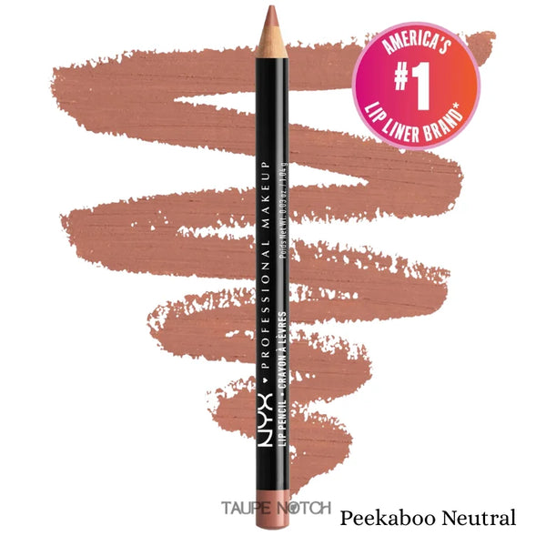 Slim lip pencil (Peekaboo Neutral) with pointed tip and lip swatch.