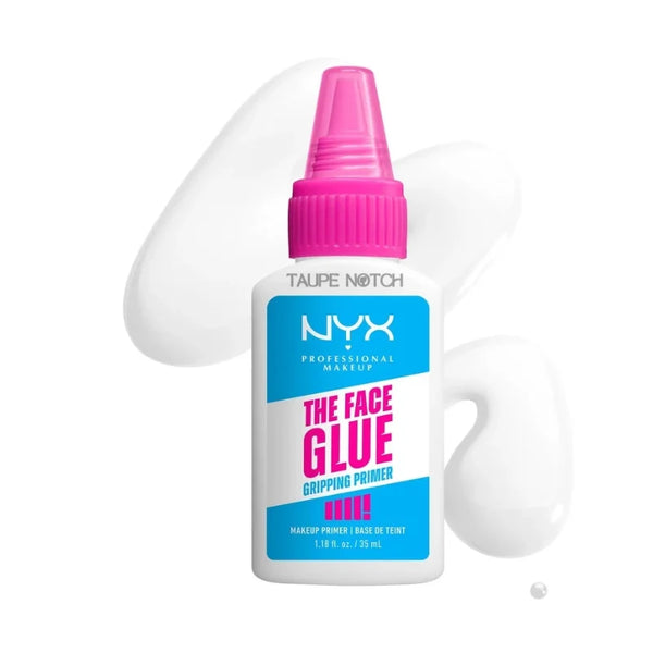 NYX The Face Glue gripping primer bottle, clear liquid, pink cap, blue label