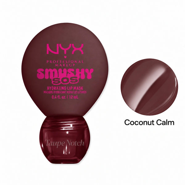 Hydrating lip mask in Coconut Calm, taupe-brown jar and dome cap shown.