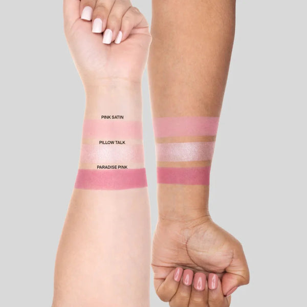 Blush palette swatches on skin: three pink satin and matte shades