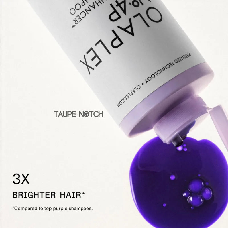 Olaplex Nº.4P toning shampoo bottle dispensing purple gel from nozzle