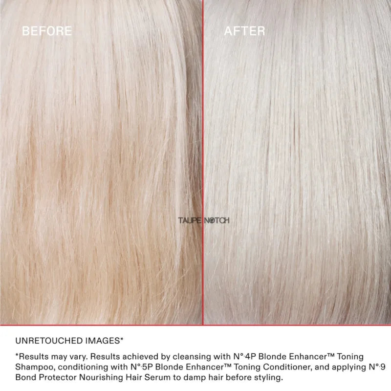 Split light blonde hair strands labeled BEFORE and AFTER