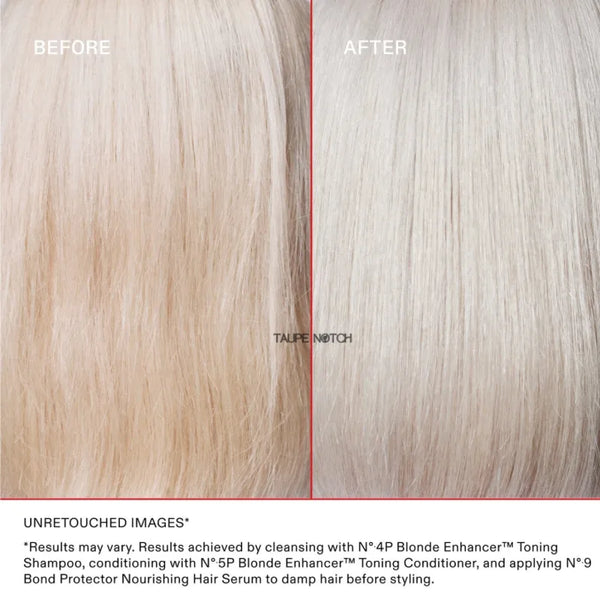 Split light blonde hair strands labeled BEFORE and AFTER