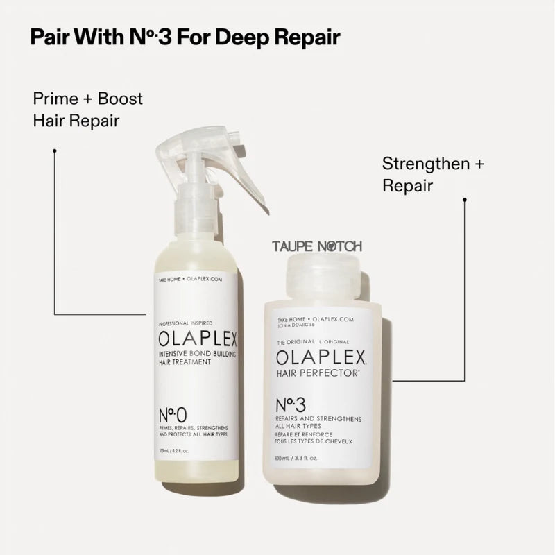 Olaplex No.0 hair treatment bottle with clear spray nozzle, plus companion bottle