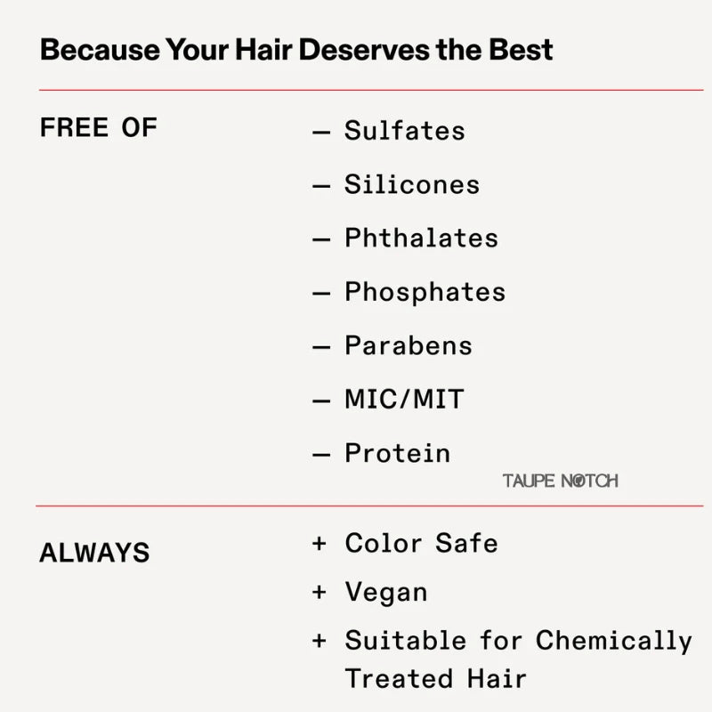 Infographic panel listing hair treatment free-from: sulfates, silicones, parabens, phthalates