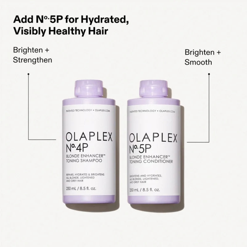 Olaplex Blonde Enhancer bottles: Nº.4P toning shampoo and Nº.5P conditioner, 250 ml