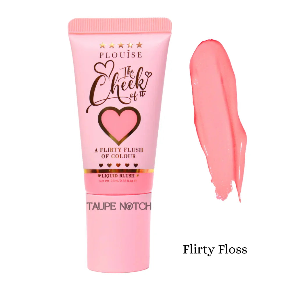 Liquid blush tube with pink coral cream swatch, Flirty Floss