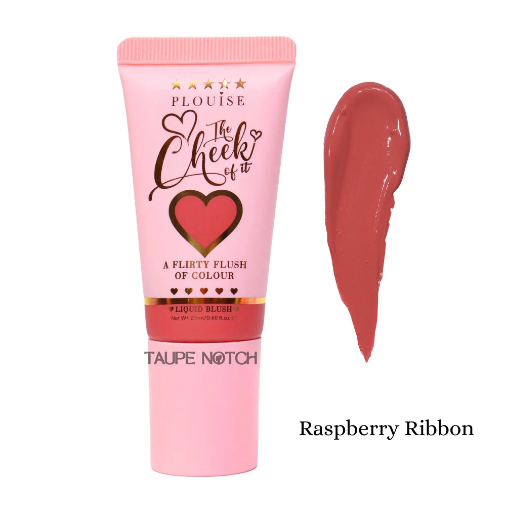 Liquid blush tube with deep red cream swatch, Raspberry Ribbon