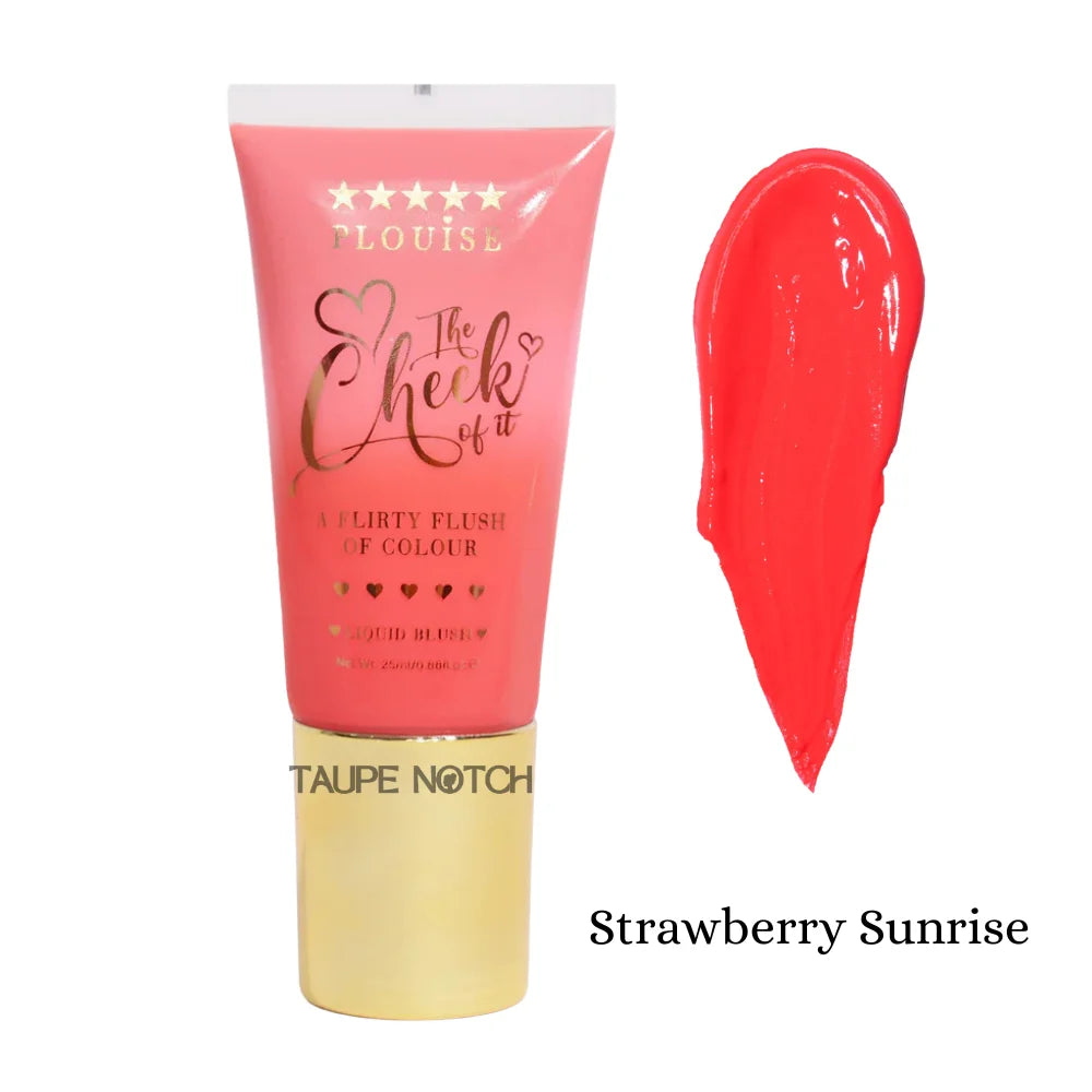 Liquid blush tube with bright red cream swatch, Strawberry Sunrise