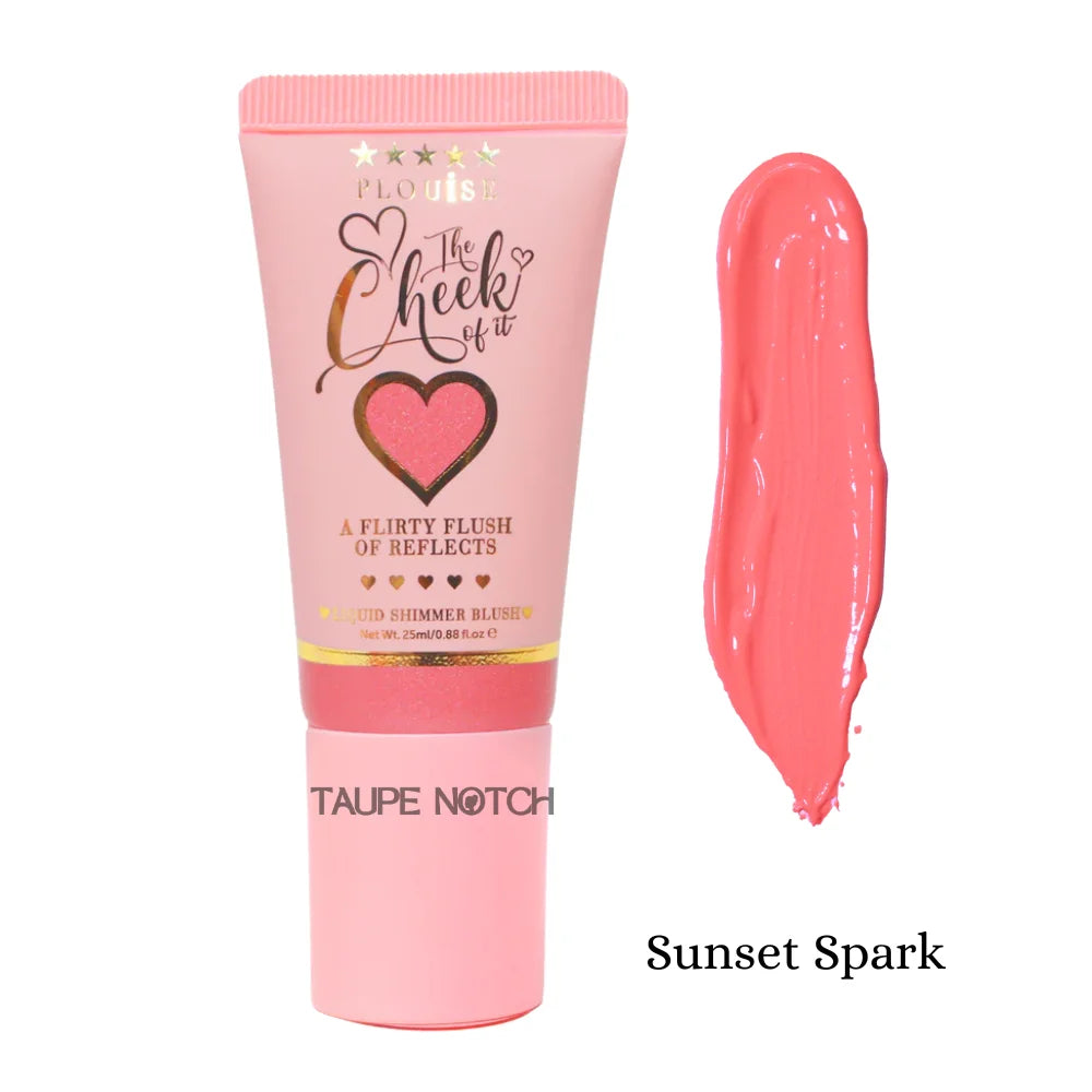Liquid blush tube with pink coral shimmer cream swatch, Sunset Spark