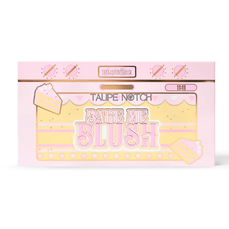 Bake Me Blush palette box with Taupe Notch text and heart graphics