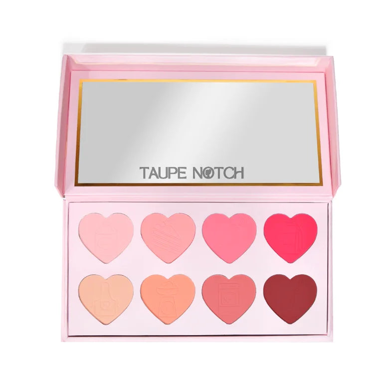Blusher palette with six heart-shaped pans in pink, tan, and red shades