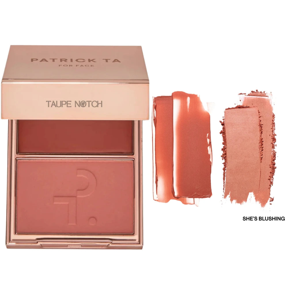 Cream and powder blush duo with compact palette in terracotta and dusty peach shades
