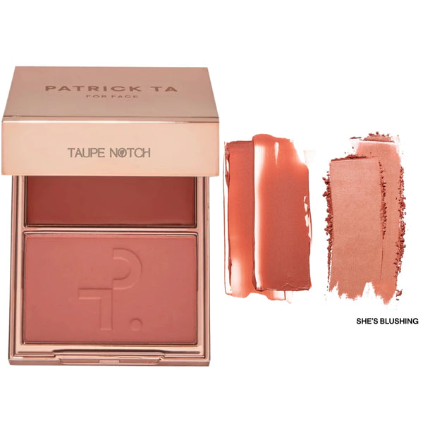 Cream and powder blush duo with compact palette in terracotta and dusty peach shades