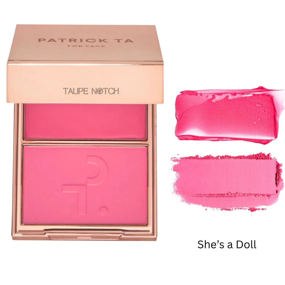Cream and powder blush duo with compact palette in fuchsia pink and soft pink shades
