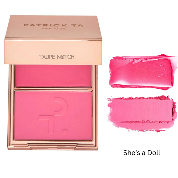 Cream and powder blush duo with compact palette in fuchsia pink and soft pink shades
