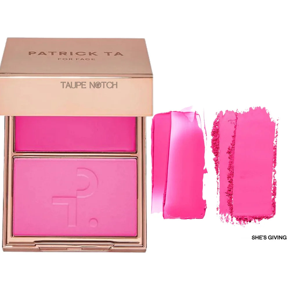 Cream and powder blush duo with compact palette in hot pink and bright pink shades