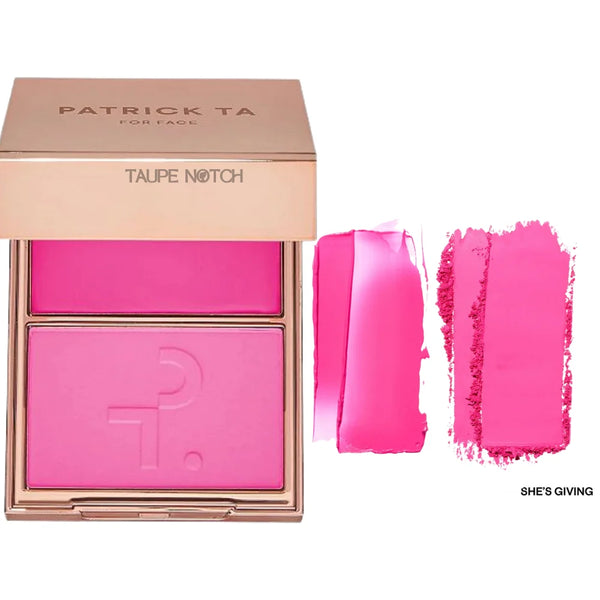 Cream and powder blush duo with compact palette in hot pink and bright pink shades