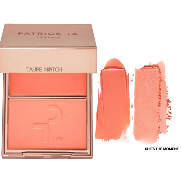 Cream and powder blush duo with compact palette in coral and peachy pink shades