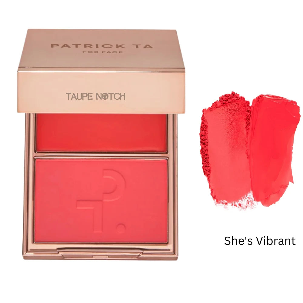 Cream and powder blush duo with compact palette in vibrant red and warm rosy red shades
