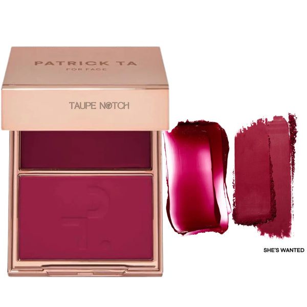 Cream and powder blush duo with compact palette in deep berry and plum pink shades