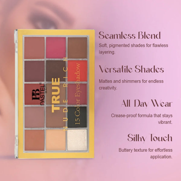 Open eyeshadow palette showing pink, nude and brown matte and shimmer pans