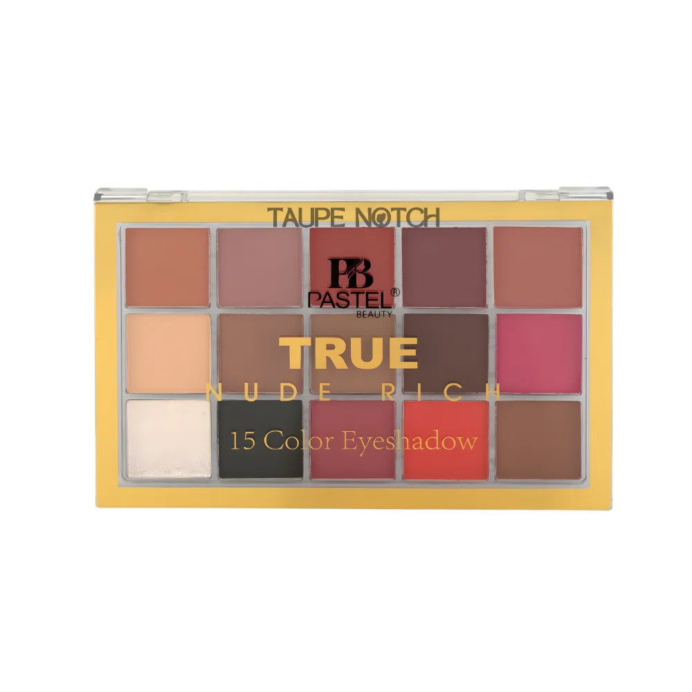 Eyeshadow palette with nude, taupe, pink and brown shades in a clear-topped case