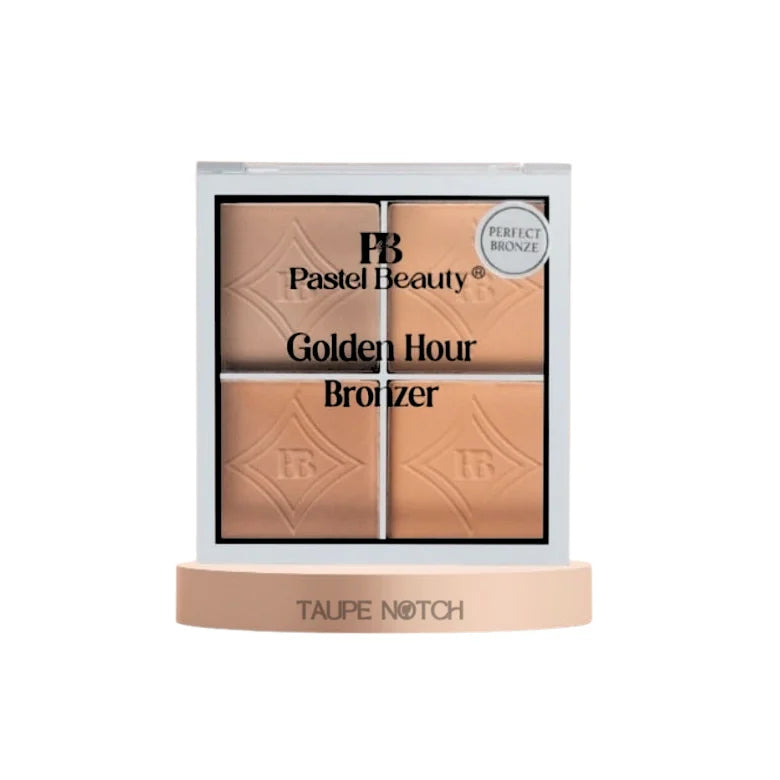 Four-pan bronzer palette with taupe and bronze shades in a branded compact.