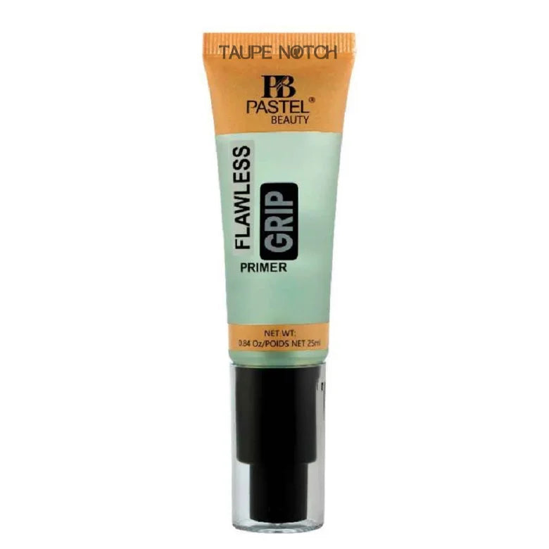 Makeup primer tube with taupe cap and light mint-green body, labeled grip primer