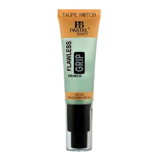 Makeup primer tube with taupe cap and light mint-green body, labeled grip primer