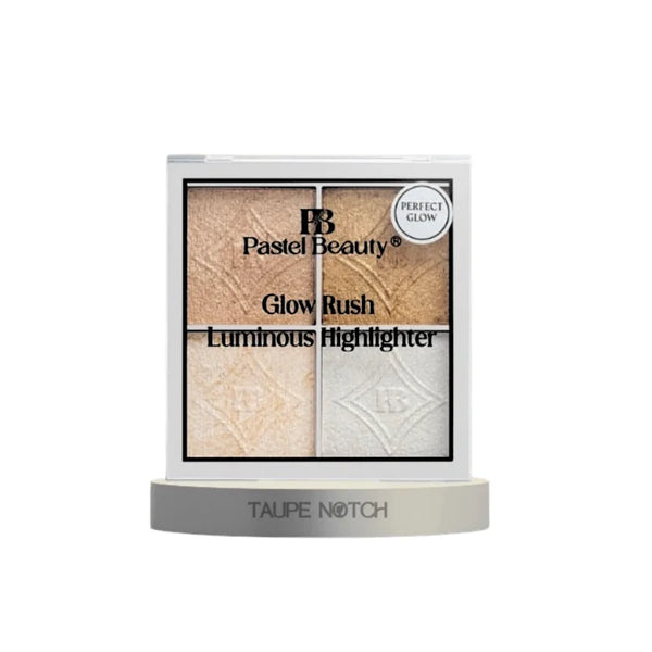 Luminous highlighter palette with four shimmer shades in taupe and pearl tones