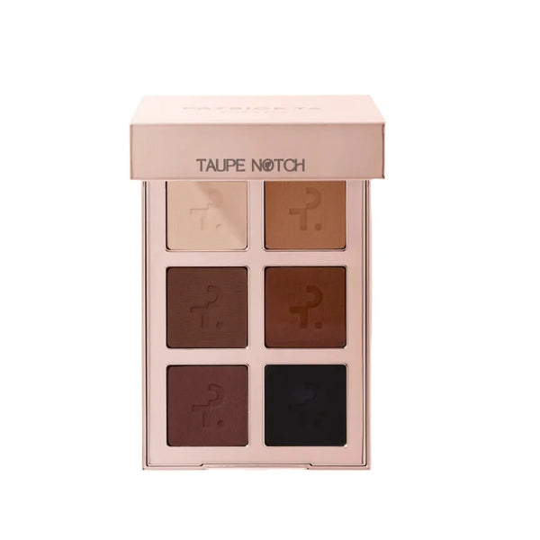 Deep eyeshadow palette with six square shades in taupe, tan, brown, and dark tones