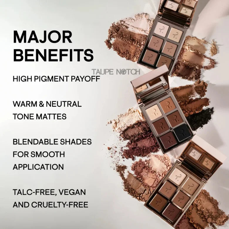 Eyeshadow palettes with warm neutral shades, showing several pressed pan squares and swatches