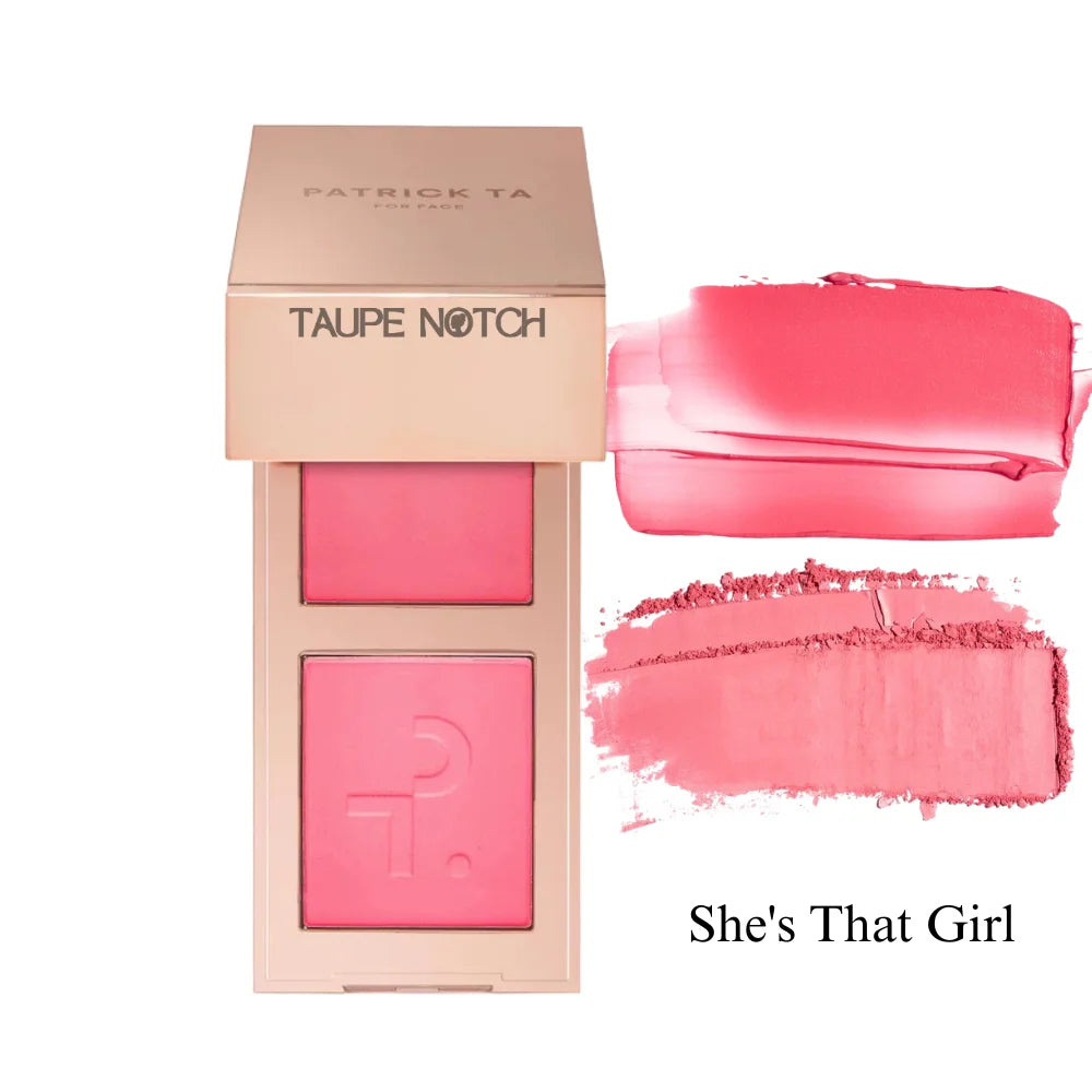 Blush duo palette with two pink-toned powder pans and pink swatches