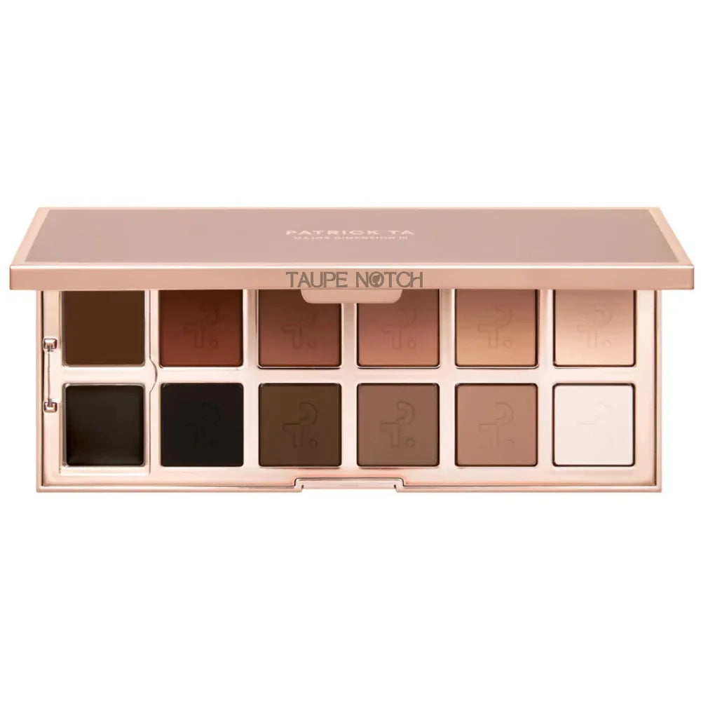 Eyeshadow palette with matte taupe and brown shades in a compact case