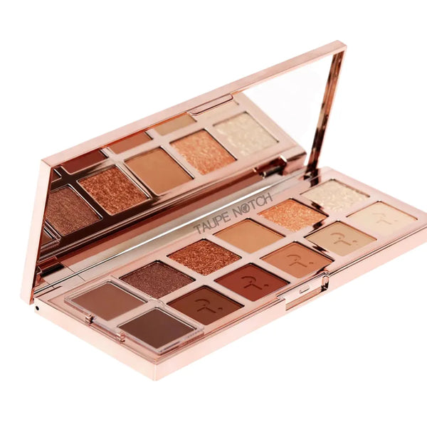 Open Taupe Notch eyeshadow palette showing pressed pans in warm brown and beige tones