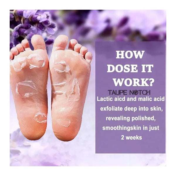 Feet in clear peel mask with dry-skin flakes, lavender themed card