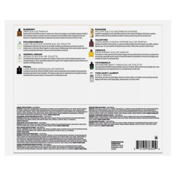 Burberry, Hero Eau De Parfum (0.16 oz)
Dolce&Gabbana, Light Blue Pour Homme Eau De Toilette (0.17 oz)
Giorgio Armani, Acqua Di Gio Eau De Toilette (0.16 oz)
Prada, Luna Rossa Ocean Eau De Parfum (0.30 oz)
Rabanne, Million Gold Elixir Parfum Intense (0.17 oz)
Valentino, Uomo Born In Roma Intense Eau De Parfum (0.13 oz)
Versace Eros Energy Eau De Parfum (0.17 oz)
Viktor&Rolf, Spicebomb Night Vision Eau De Toilette (0.24 oz)
Yves Saint Laurent, Myslf Absolu (0.25 oz)
