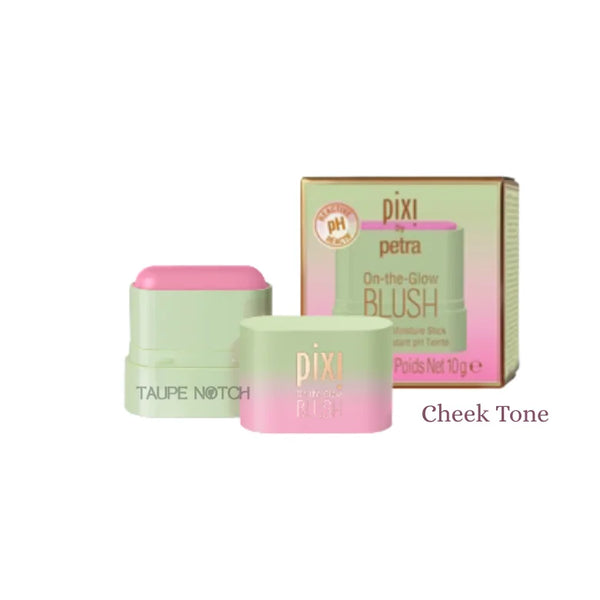 On-the-Glow blush stick, Cheek Tone taupe shade, pink-top balm in tube and box