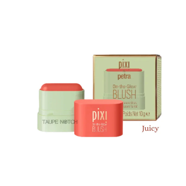 On-the-Glow blush stick, Juicy coral shade, rounded balm in tube and box