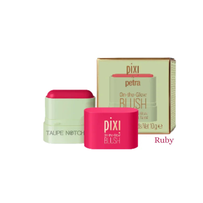 On-the-Glow blush stick, Ruby fuchsia shade, rounded balm in tube and box