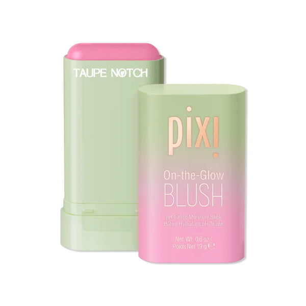Moisture blush stick with pale green base, gradient light pink label, and pink cap