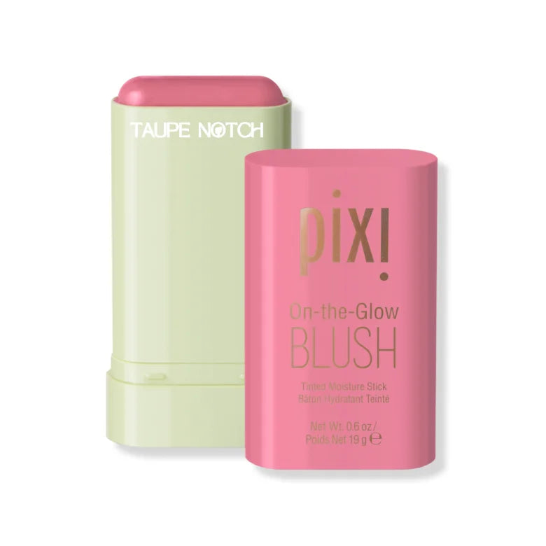 Moisture blush stick in a pale green base with pink cap and pink label