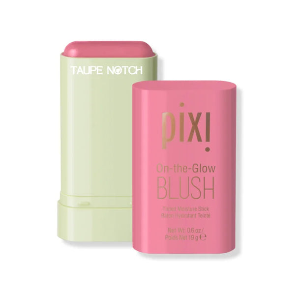 Moisture blush stick in a pale green base with pink cap and pink label