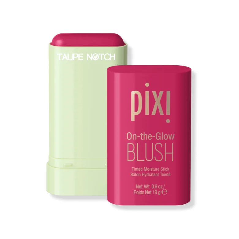 Moisture blush stick with pale green base, magenta label, and pink cap